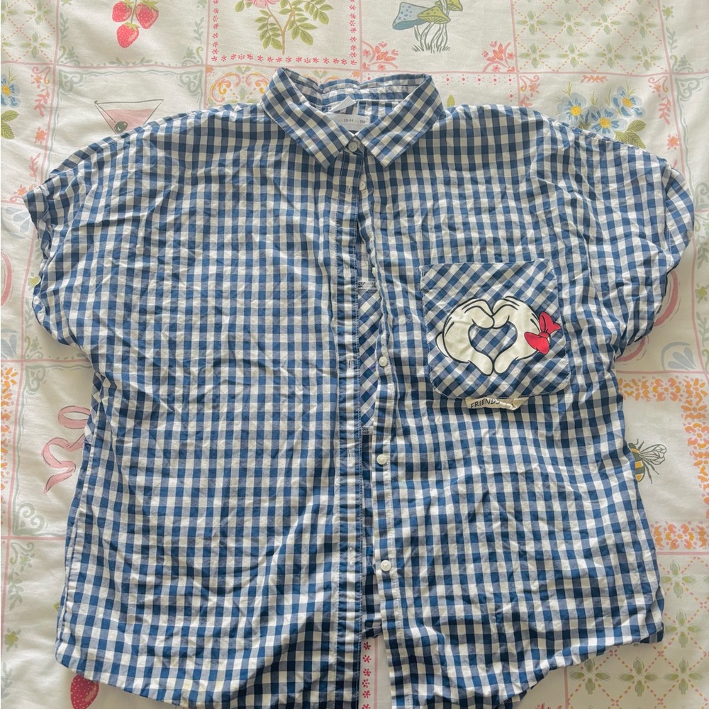 ZARA Mikey Mouse friends forever Blue Checkered Button-Up Shirt with Heart Patch